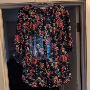 Skies Are Blue  Navy and Red 3/4 Sleeve Buttoned Floral Blouse L